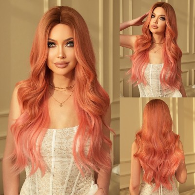 Synthetic Hair Wig Pink Gradient Long Curly Hair with Center Part Big Waves Wig