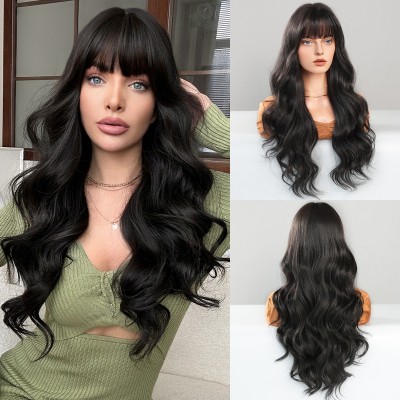Synthetic Wig Natural Black Long Curly Hair with Large Waves and Straight Bangs