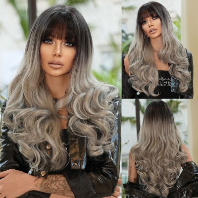 Synthetic Hair Wig Gradient Silver Grey Long Curly Hair