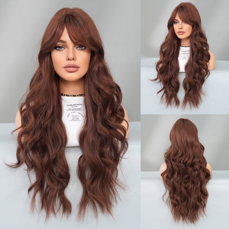 Coco Brown Long Wavy Wig with Side Bangs