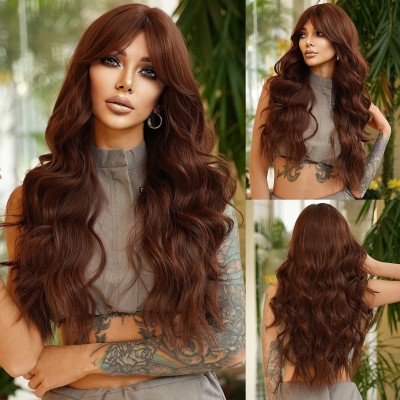 Synthetic Hair Wig Cocoa Brown Long Curly Hair with Side Part Bangs and Big Waves Wig