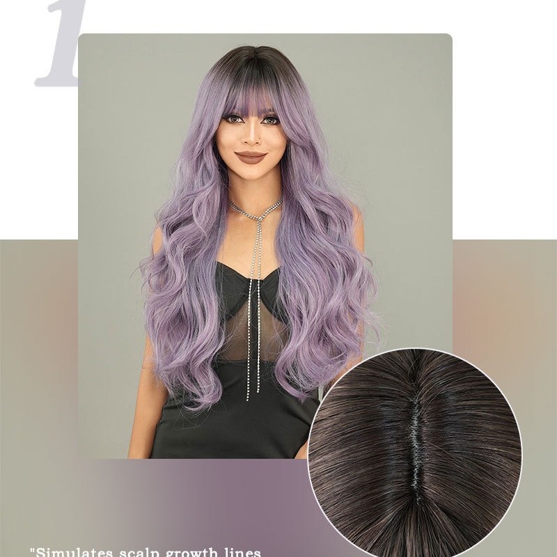 Ash Purple Long Wavy Wig with Root Color Synthetic Hair