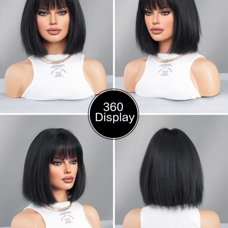 Black Straight Bangs Bob Cut Synthetic Wig