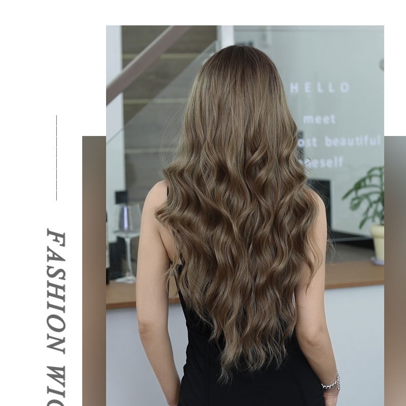 Elegant Brown Wig with Fringe Bangs and Voluminous Waves