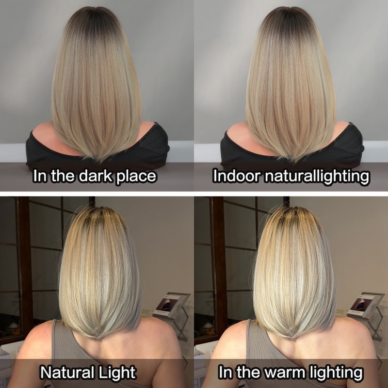 Shoulder-Length Straight Wig with Golden Gradient with Bangs