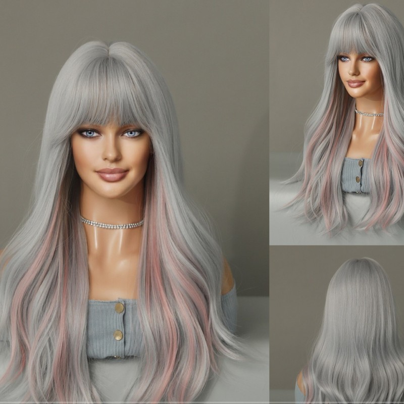 Synthetic Wig Long Curly Hair Blonde with Bangs and Highlights Dyed into Large Waves Wig