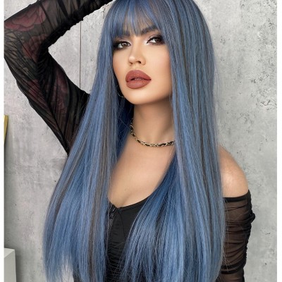 Oceanic Enchantment Long Straight Hair, Mermaid Blue Highlights, Flowing Bangs, Ready for Aquatic Glamour 60cm