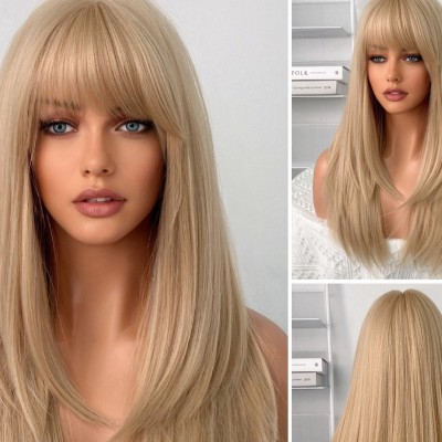 Synthetic Wig Beige Blonde 60cm Long Straight Hair with Layers
