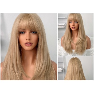 Synthetic Wig Beige Blonde 60cm Long Straight Hair with Layers