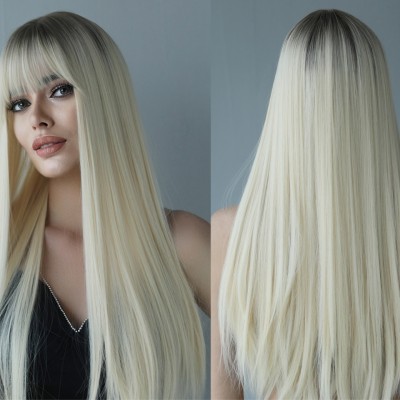 Synthetic Wig Extra Long Straight Hair Platinum Gradient Pencil Gray