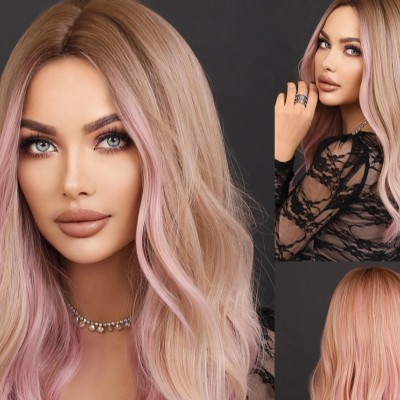 Synthetic Wig Pink Gradient Long Curly Hair with Large Waves Parted in the Middle