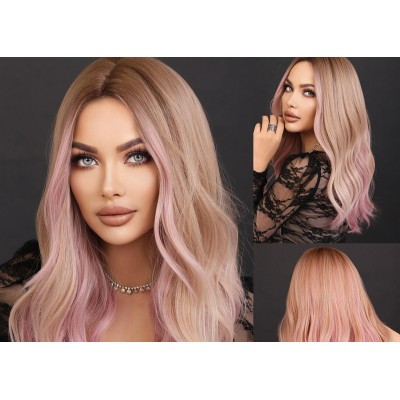 Synthetic Wig Pink Gradient Long Curly Hair with Large Waves Parted in the Middle
