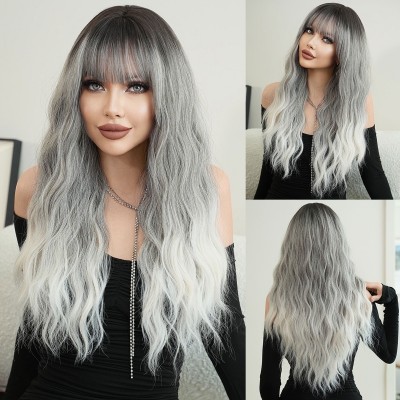 Synthetic Wig Gray Gradient Long Curly Synthetic Hair with Large Waves