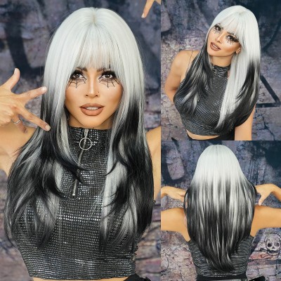 Synthetic Wig Party Wig Silver Gradient Black Long Straight Hair