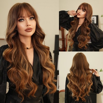 Synthetic Wig Blonde Highlights Long Curly Hair Large waves with Bangs