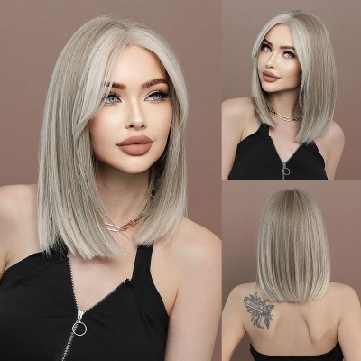 T-Front Lace Bob Cut Short Straight Hair Wig with Light Golden Synthetic Wig