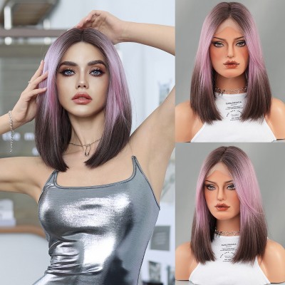 Synthetic Wig Small T Lace Wig Pink Gradient Brown Short Straight Hair Parted in the Middle
