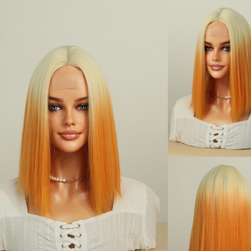 Synthetic Wig Lace Frontal Orange Gradient Short Straight Hair