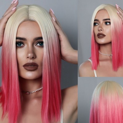 Synthetic Wig Bob Wig Pink Gradient Short Straight Hair