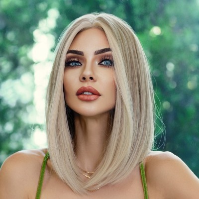 Synthetic Wig Blonde Highlight Small Lace Wig for Women with Medium Parting Short Straight Hair