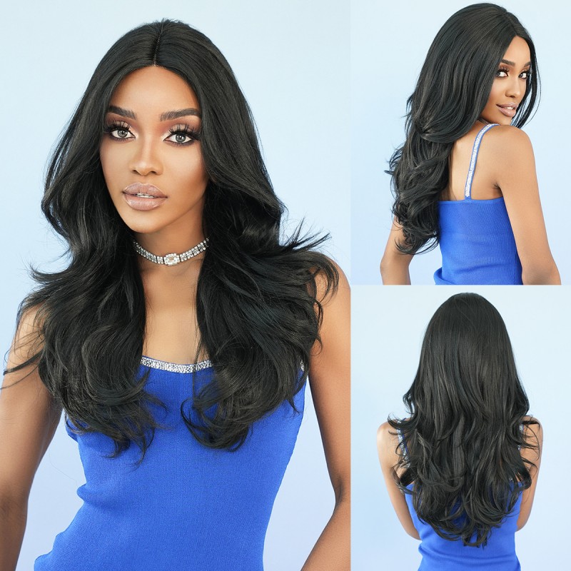 Synthetic Wig Small T Lace Wig Natural Black Medium Parted Long Curly Hair