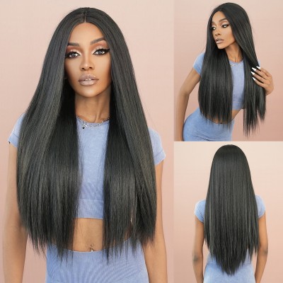 Synthetic Wig T-Part Lace Yaki Wigs Natural Black Long Straight Hair Synthetic Fiber