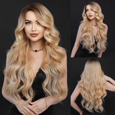 Synthetic Wig Lace Wavy Wig Full Head Cover Gold Side Part T-Part Lace Wigs
