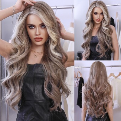 Synthetic Wig Small T Chemical Fiber Lace Wig Blonde Highlights White Waves Hair