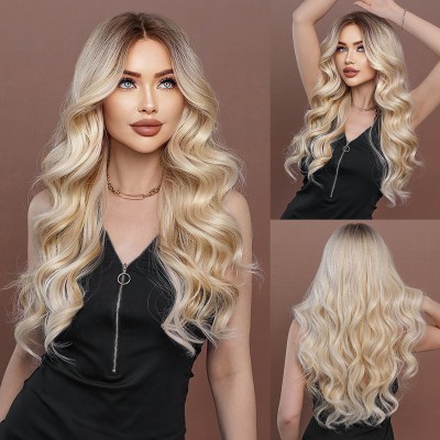 Synthetic Wig Middle-parted Wig Beige Wavy Long Curly Hair Chemical Fiber Small T Lace