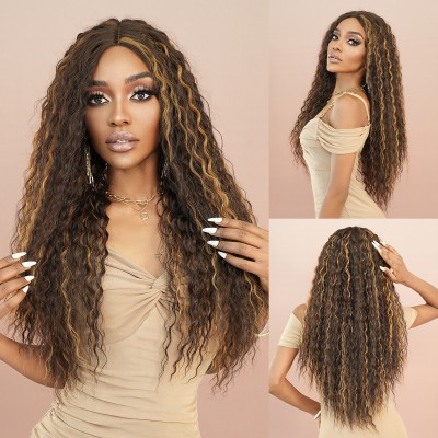Synthetic Wig Highlighted Brown Gold Women's Medium Parted Long Curly Hair Wig Small T Lace