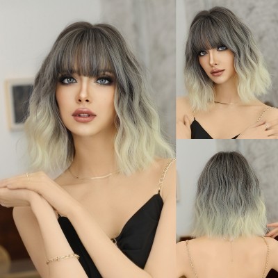 Synthetic Wig Yinraohai Women's Short Wavy Hair With Silver-White Wig Dyed Japanese and Korean Bangs Gradient Ready to Go