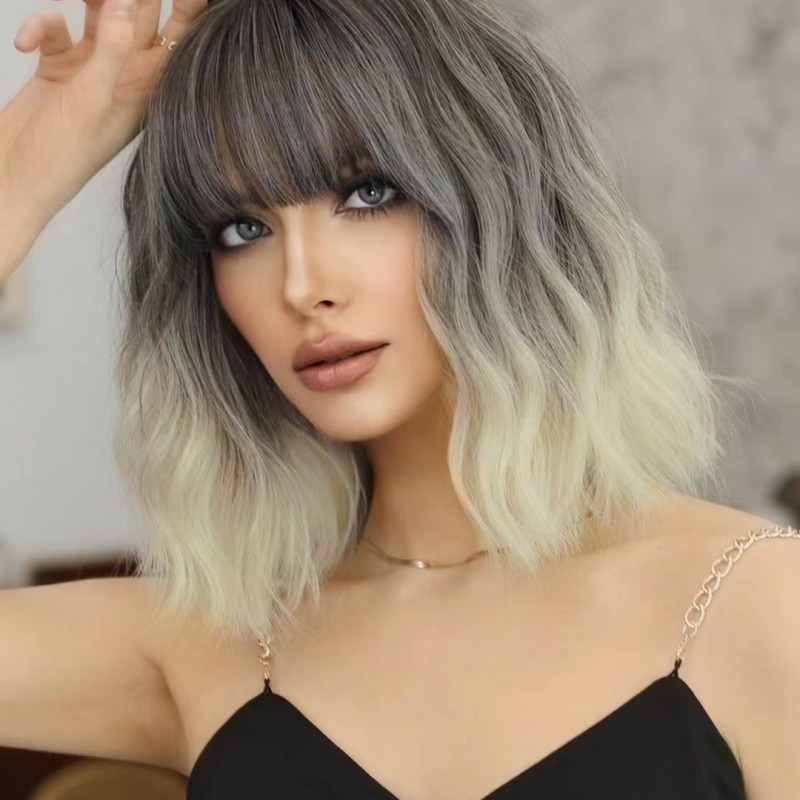 Synthetic Wig Yinraohai Women's Short Wavy Hair With Silver-White Wig Dyed Japanese and Korean Bangs Gradient Ready to Go