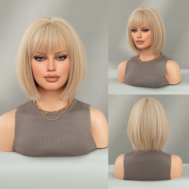 Synthetic Wig YAKI Black Bob Wig with Bangs Short Straight Hair Ready to Go