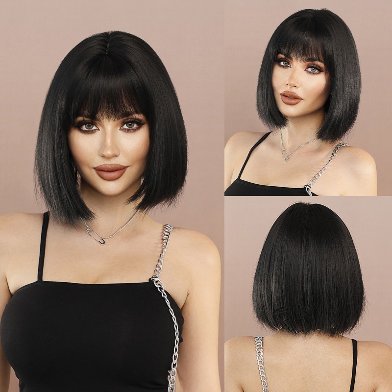 Synthetic Wig YAKI Black Bob Wig with Bangs Short Straight Hair Ready to Go