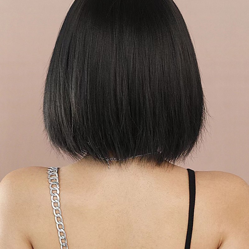 Synthetic Wig YAKI Black Bob Wig with Bangs Short Straight Hair Ready to Go