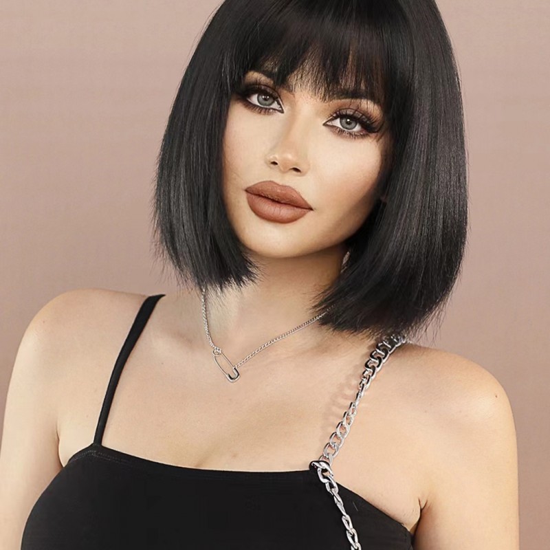 Synthetic Wig YAKI Black Bob Wig with Bangs Short Straight Hair Ready to Go