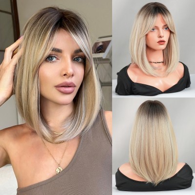 Synthetic Hair Wig Shoulder-Length Straight Hair with Gradient Gold Bangs 1076