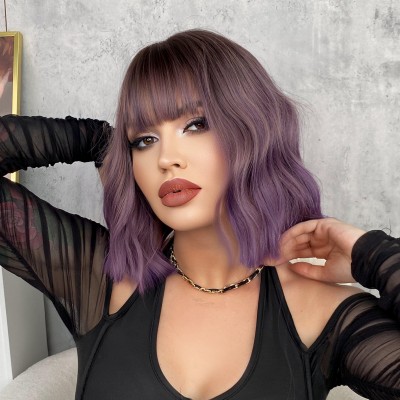 Purple Ripple Short Curls Air Bangs Wig