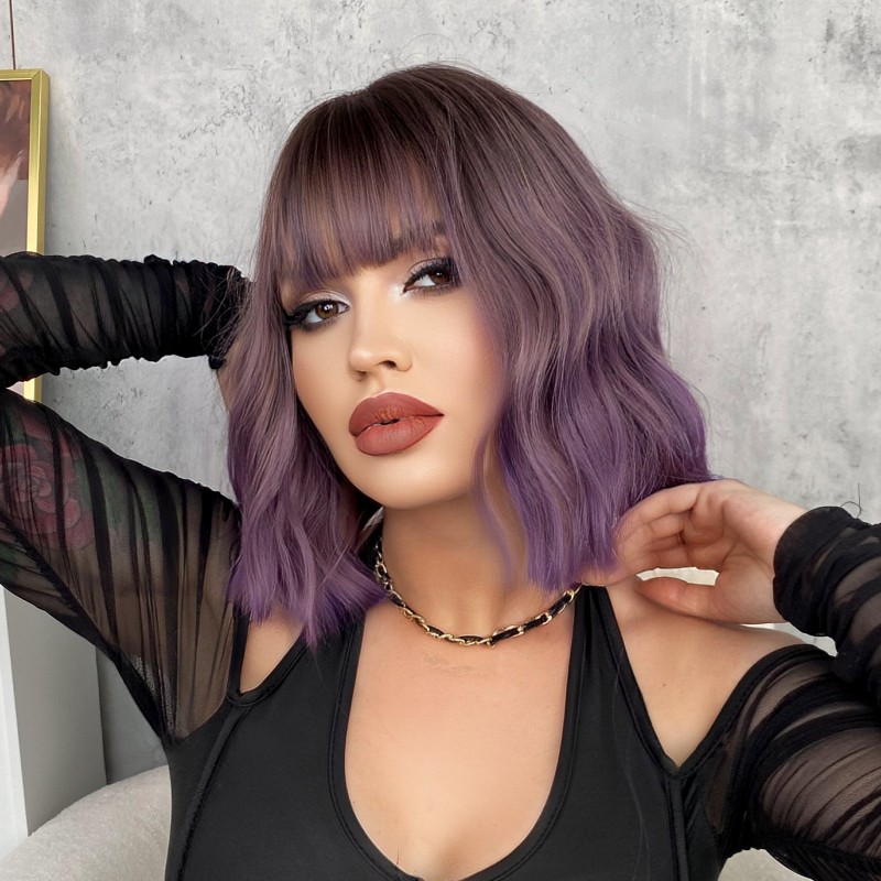 Purple Ripple Short Curls Air Bangs Wig