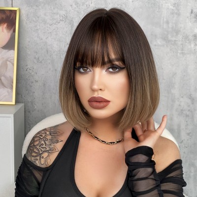 Synthetic Wig Female Short Hair BOB Head Gradient Color With Bangs Ready TO Go