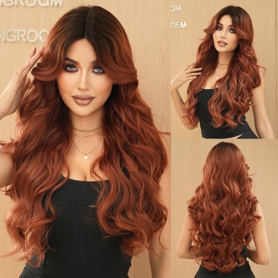 Synthetic Hair Wig Small T Lace Wig in Caramel Brown Wavy Long Curly Hair 5087-2