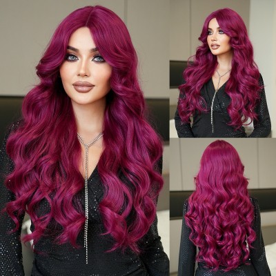 Synthetic Hair Wig Small T Lace Wig in Purple Red Wavy Long Curly Hair 5087-3