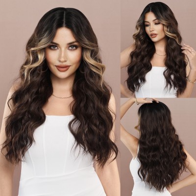 Synthetic Hair Wig T-shaped Lace Front Wig for Women Brown with Blonde Highlights Middle Parted Waves 5079
