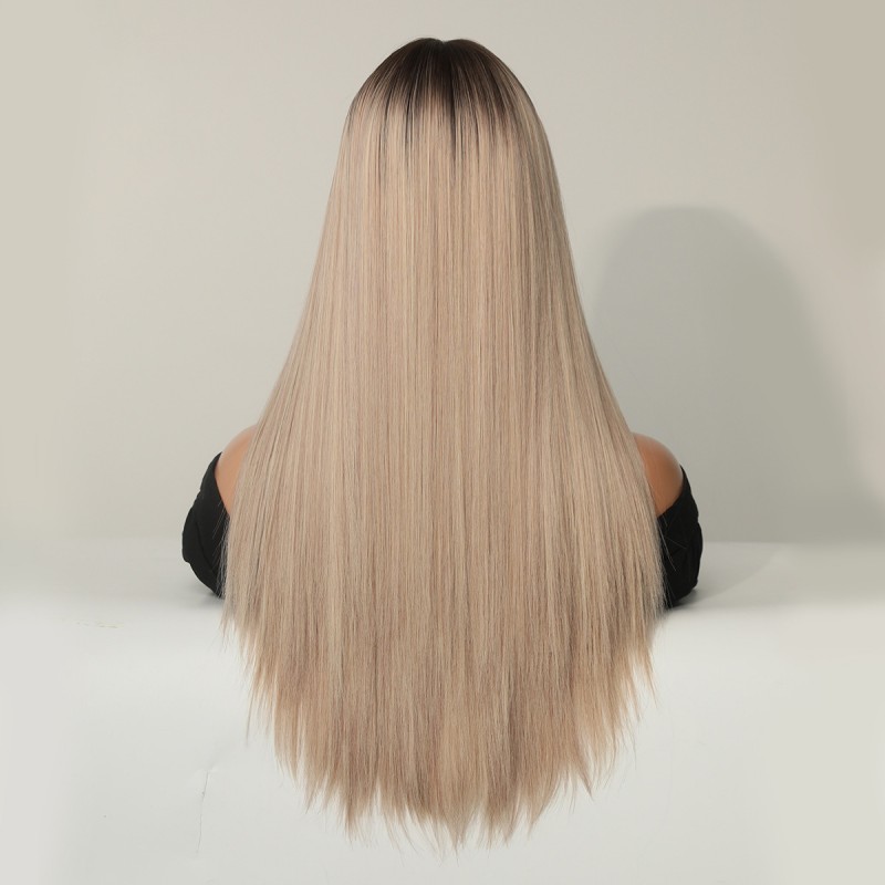 Champagne Blonde Long Straight Wig with Straight Bangs