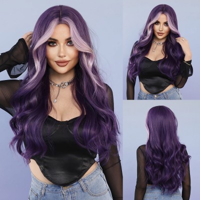 Synthetic Wig Large Wavy Wig Highlights Purple Long Curly Hair Ready to Go