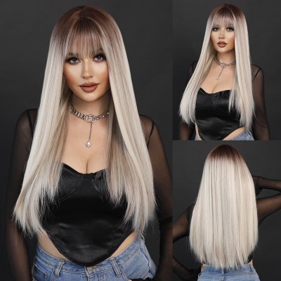Synthetic Wig Long Straight Hair Highlight Champagne Blonde Wig Lolita Ready to Go
