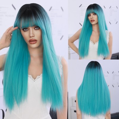 Synthetic Wig Long Straight Hair Highlight Lake Blue Wig With Bangs Lolita Ready to Go