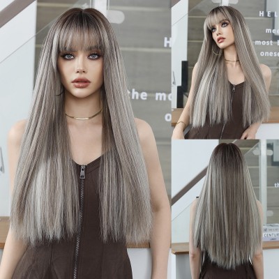 Marled Brown Long Straight Hair Wig with Highlights