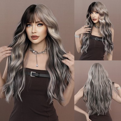 Synthetic Wig Long Wavy Hair Brown Highlight Wig With Bangs For Party Ready to Go