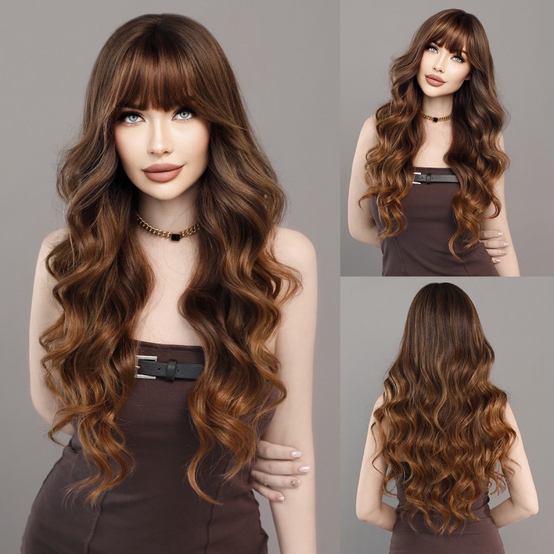 Golden Brown Ombré Straight Bangs Korean Big Wave Wig